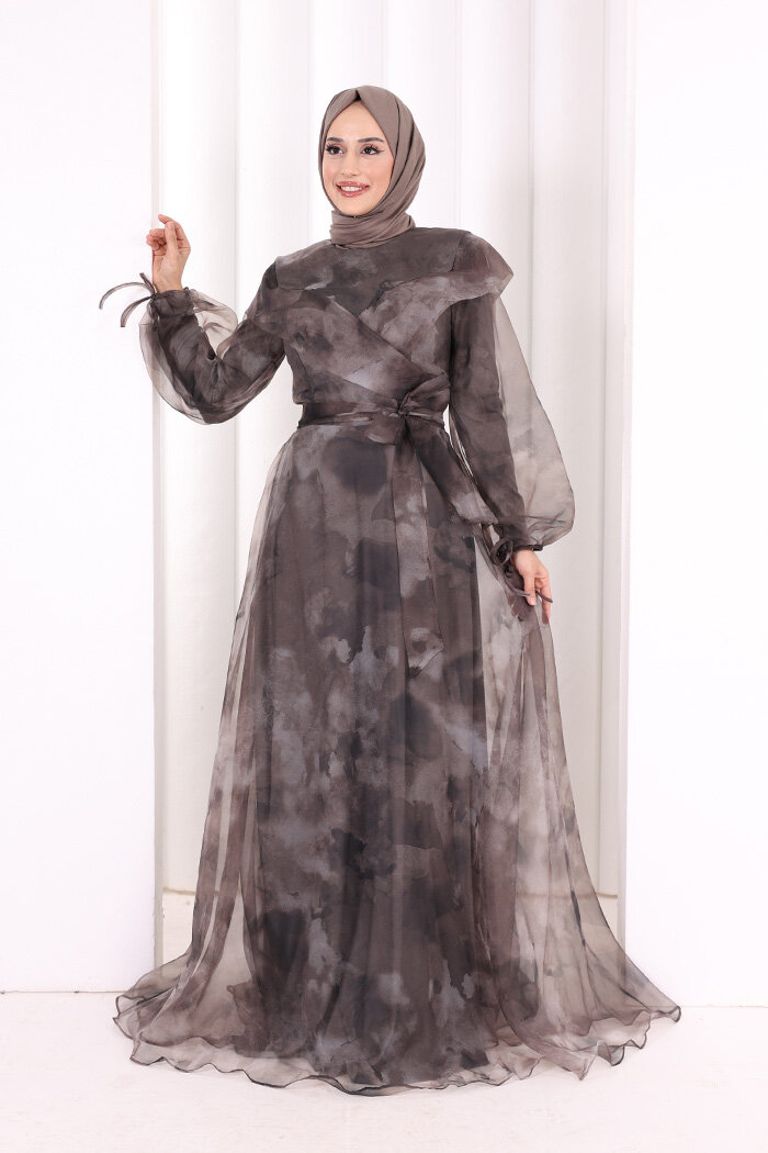 Kendinden Desenli Renkli Tül Abiye 7047 Gri - 1