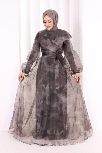 Kendinden Desenli Renkli Tül Abiye 7047 Gri - 2