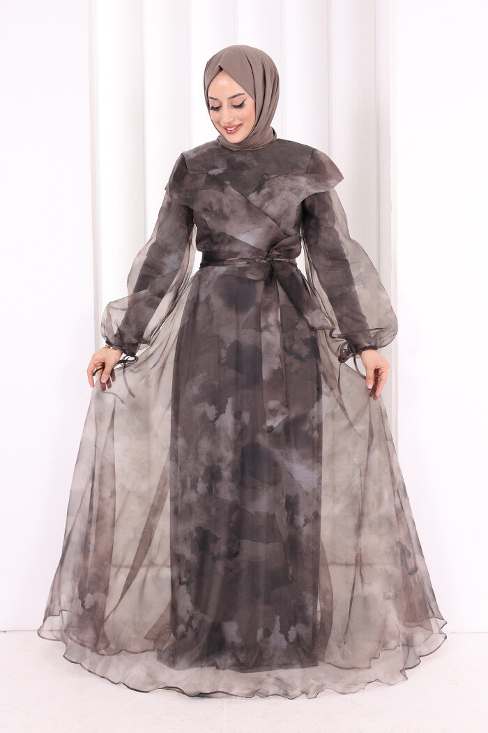Kendinden Desenli Renkli Tül Abiye 7047 Gri - 2