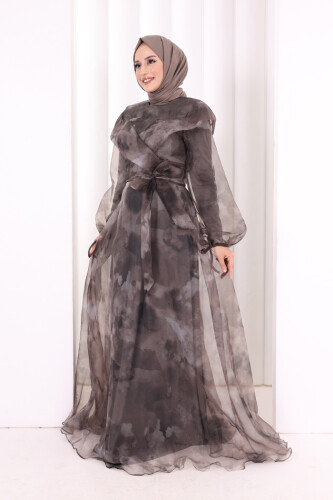 Kendinden Desenli Renkli Tül Abiye 7047 Gri - 3