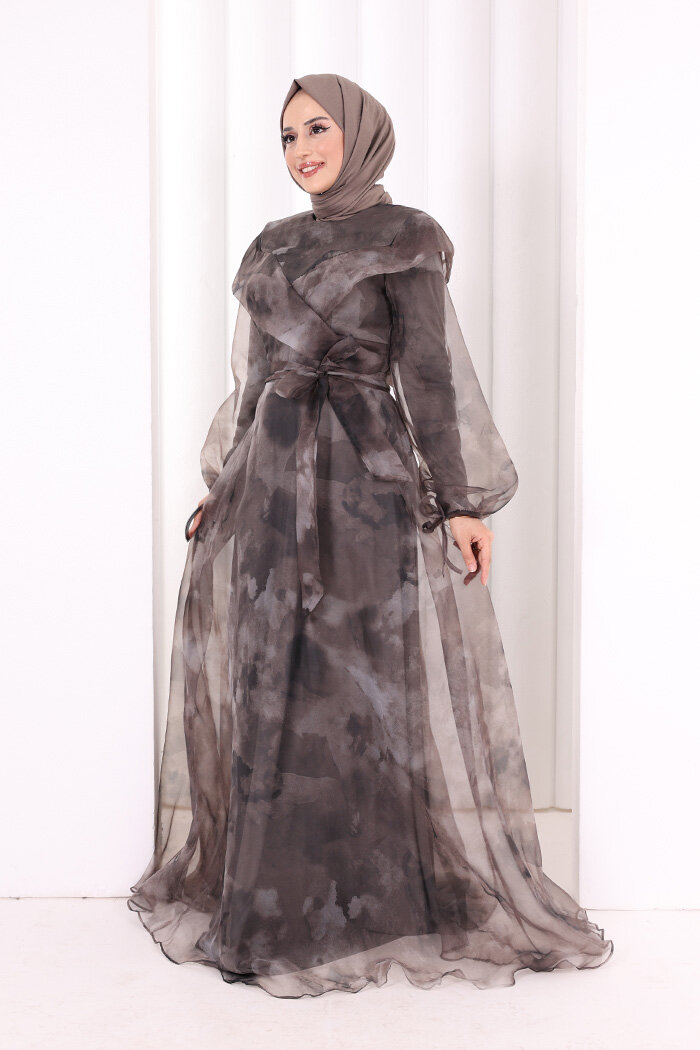 Kendinden Desenli Renkli Tül Abiye 7047 Gri - 3