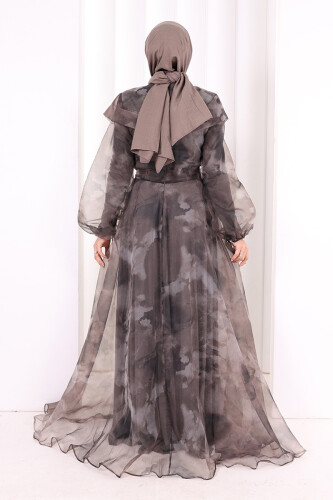 Kendinden Desenli Renkli Tül Abiye 7047 Gri - 4