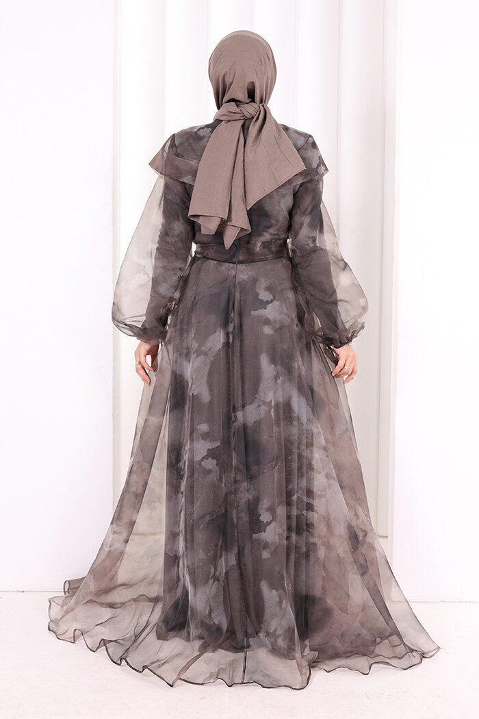 Kendinden Desenli Renkli Tül Abiye 7047 Gri - 4