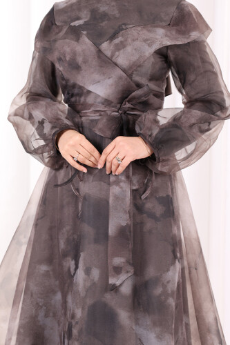 Kendinden Desenli Renkli Tül Abiye 7047 Gri - 6