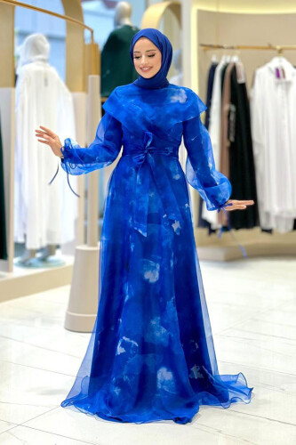 Kendinden Desenli Renkli Tül Abiye 7047 Saks - Bym Fashion