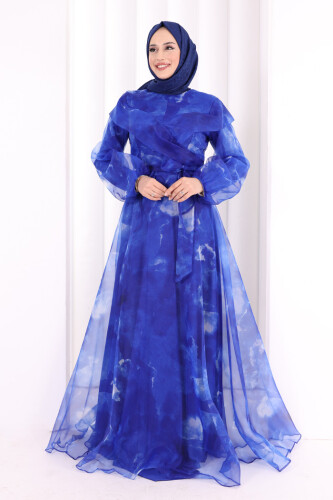 Kendinden Desenli Renkli Tül Abiye 7047 Saks - 1