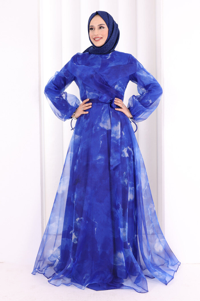 Kendinden Desenli Renkli Tül Abiye 7047 Saks - 2