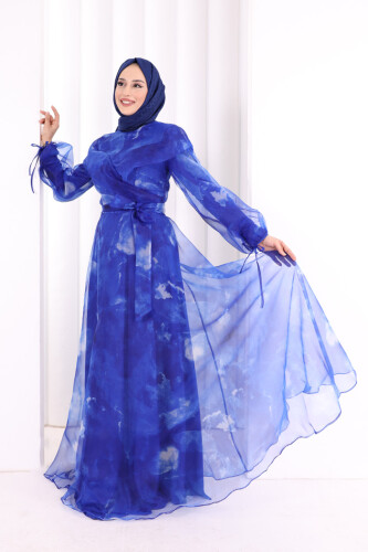 Kendinden Desenli Renkli Tül Abiye 7047 Saks - 3