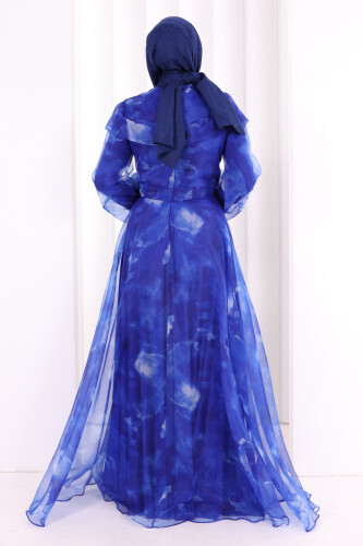 Kendinden Desenli Renkli Tül Abiye 7047 Saks - 4