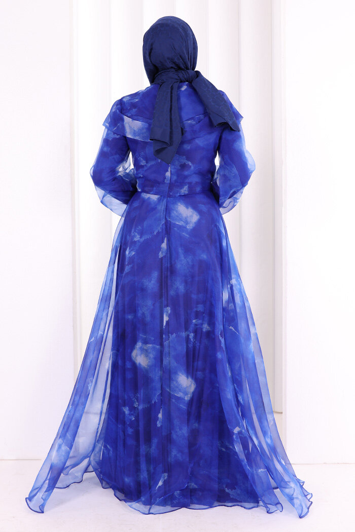 Kendinden Desenli Renkli Tül Abiye 7047 Saks - 4