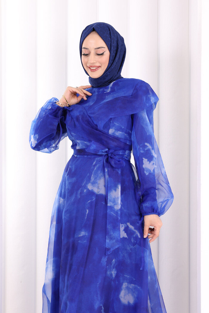 Kendinden Desenli Renkli Tül Abiye 7047 Saks - 5