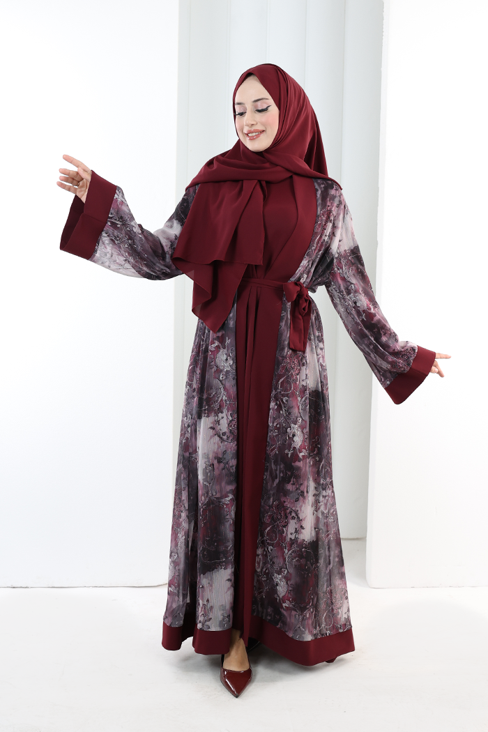 Desenli Abaya Elbise Üçlü Takım 7087 Bordo - 1
