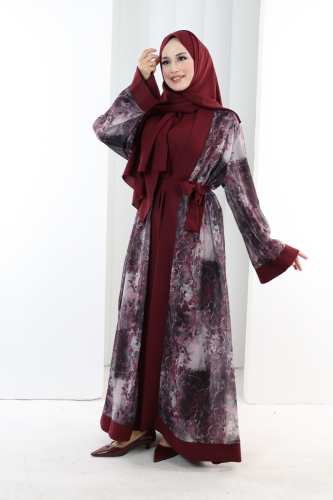 Desenli Abaya Elbise Üçlü Takım 7087 Bordo - 2