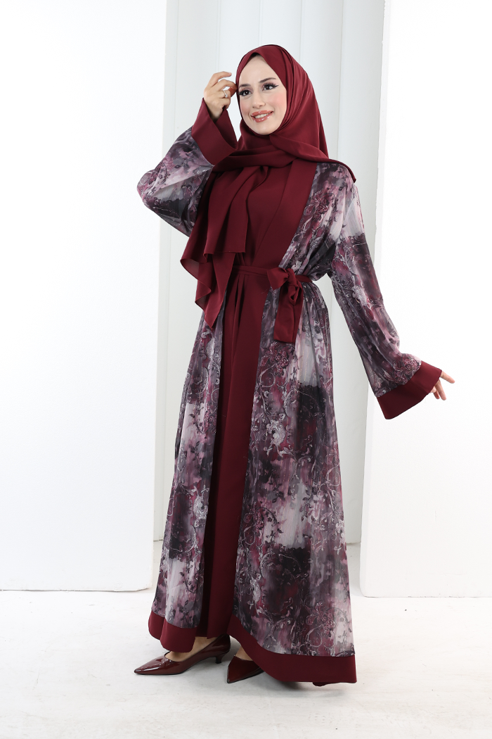 Desenli Abaya Elbise Üçlü Takım 7087 Bordo - 2
