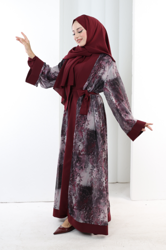 Desenli Abaya Elbise Üçlü Takım 7087 Bordo - 3