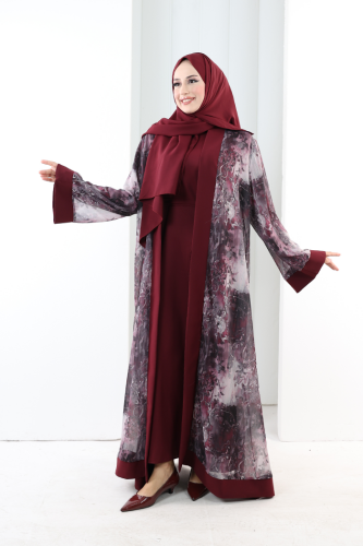 Desenli Abaya Elbise Üçlü Takım 7087 Bordo - 4