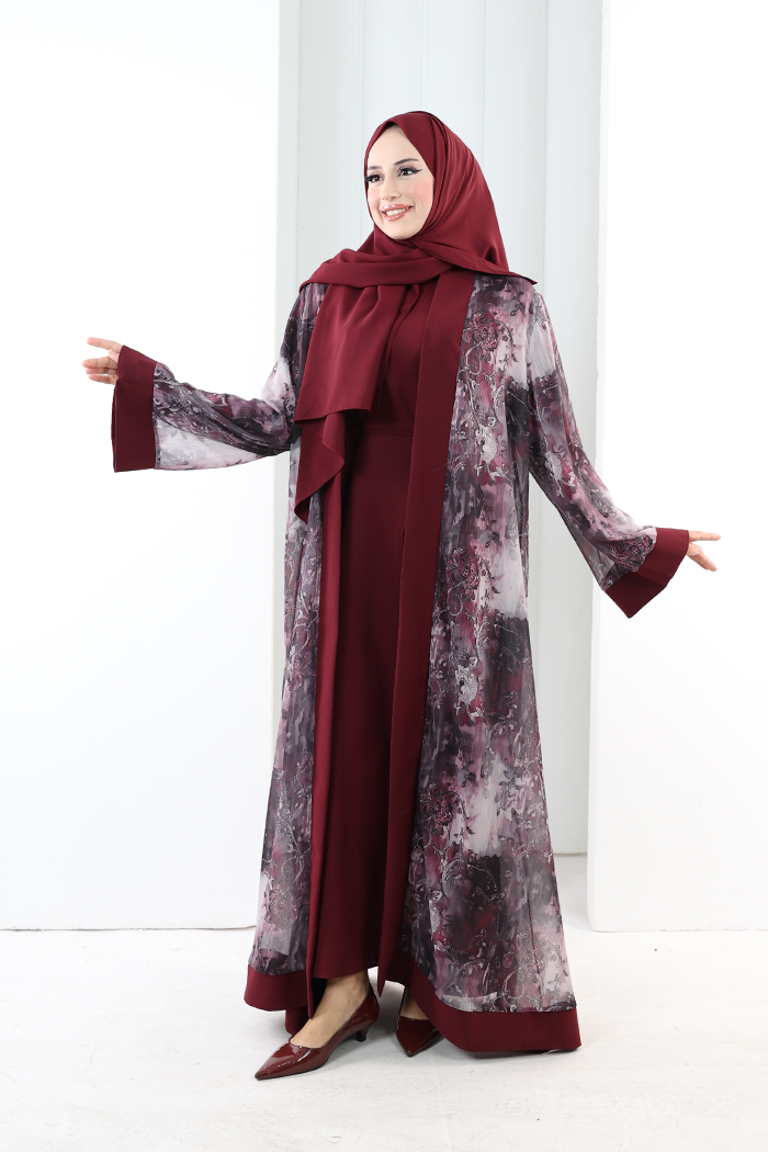 Desenli Abaya Elbise Üçlü Takım 7087 Bordo - 4