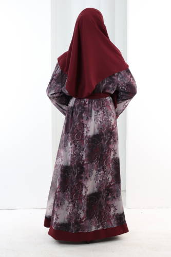 Desenli Abaya Elbise Üçlü Takım 7087 Bordo - 5