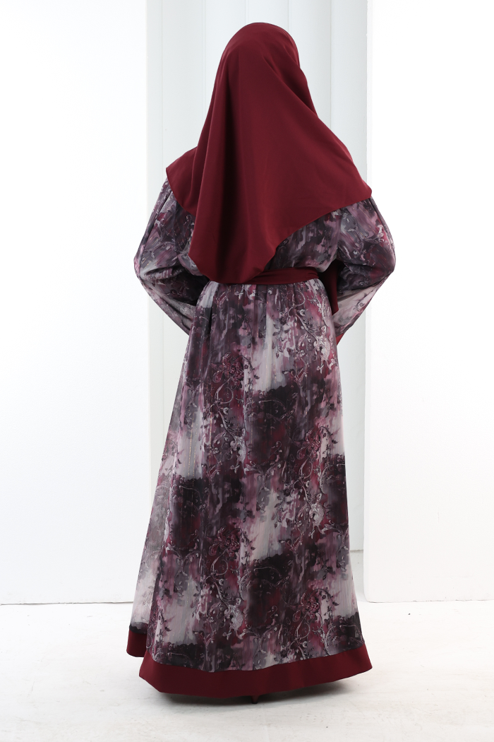 Desenli Abaya Elbise Üçlü Takım 7087 Bordo - 5