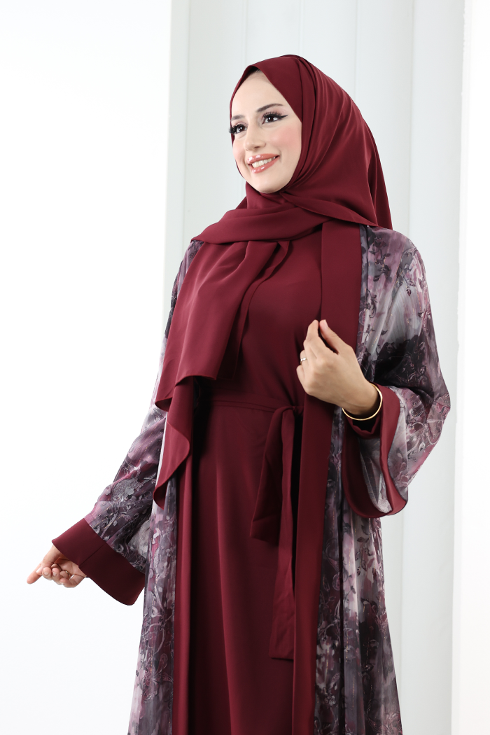 Desenli Abaya Elbise Üçlü Takım 7087 Bordo - 6