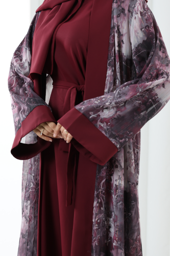 Desenli Abaya Elbise Üçlü Takım 7087 Bordo - 7