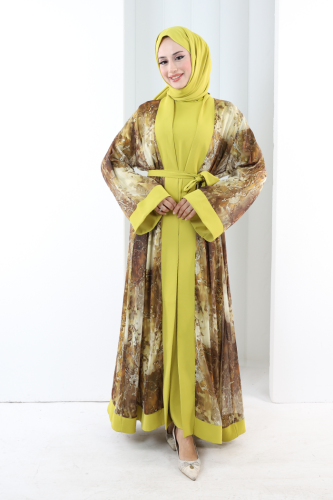 Desenli Abaya Elbise Üçlü Takım 7087 Hardal