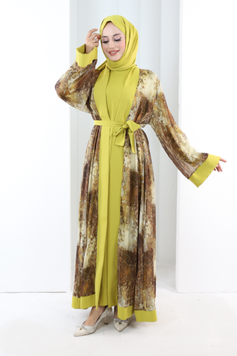 Desenli Abaya Elbise Üçlü Takım 7087 Hardal - 2