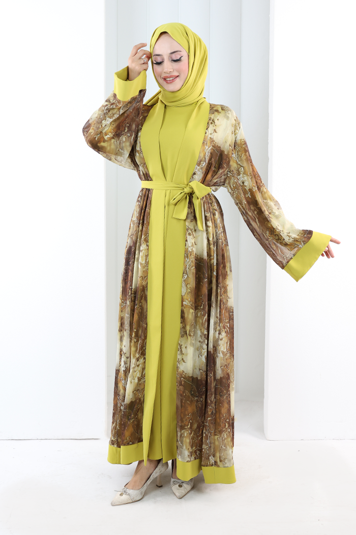 Desenli Abaya Elbise Üçlü Takım 7087 Hardal - 2