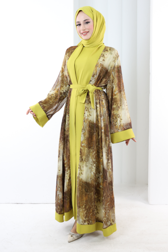 Desenli Abaya Elbise Üçlü Takım 7087 Hardal - 3