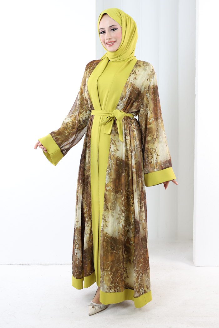 Desenli Abaya Elbise Üçlü Takım 7087 Hardal - 3