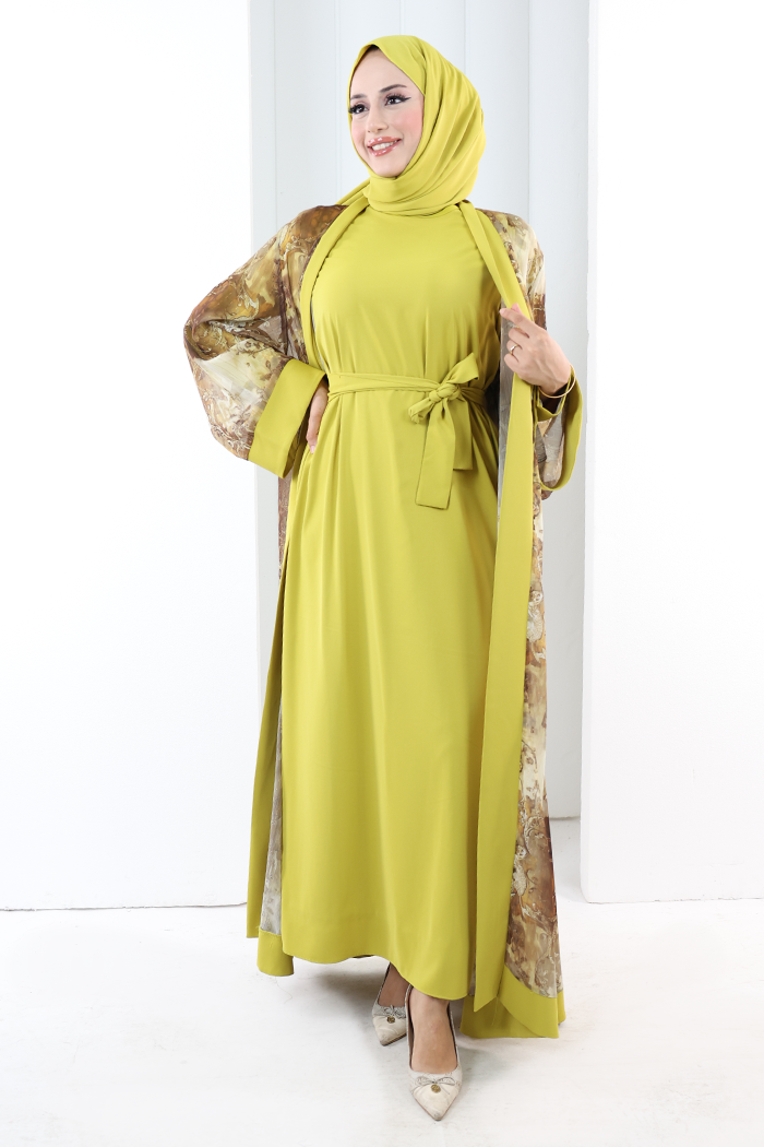Desenli Abaya Elbise Üçlü Takım 7087 Hardal - 4