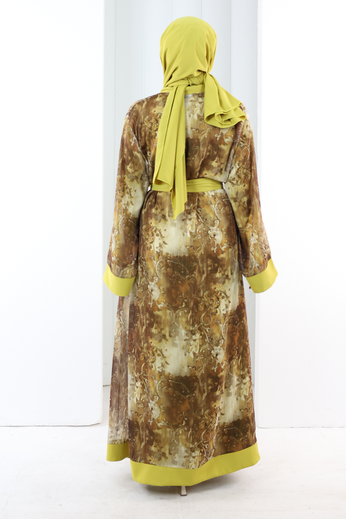 Desenli Abaya Elbise Üçlü Takım 7087 Hardal - 5
