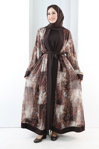 Desenli Abaya Elbise Üçlü Takım 7087 Kahverengi
