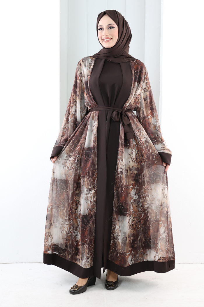 Desenli Abaya Elbise Üçlü Takım 7087 Kahverengi - 1