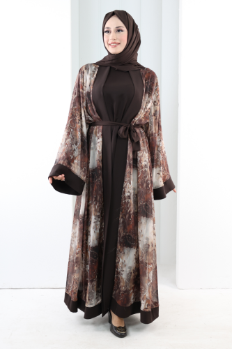 Desenli Abaya Elbise Üçlü Takım 7087 Kahverengi - 2