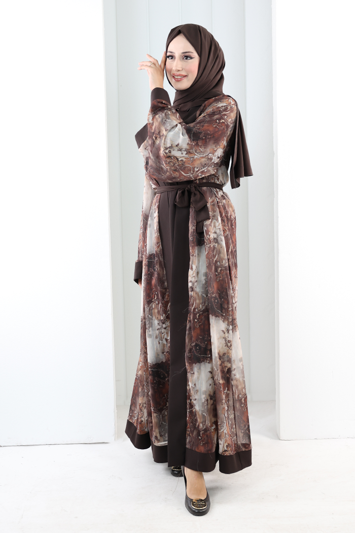 Desenli Abaya Elbise Üçlü Takım 7087 Kahverengi - 3