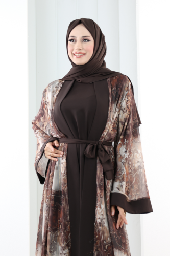 Desenli Abaya Elbise Üçlü Takım 7087 Kahverengi - 4