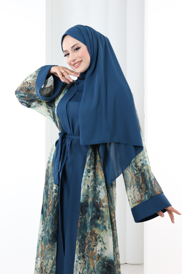 Desenli Abaya Elbise Üçlü Takım 7087 Petrol Mavisi - 6