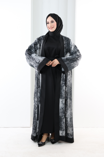 Desenli Abaya Elbise Üçlü Takım 7087 Siyah
