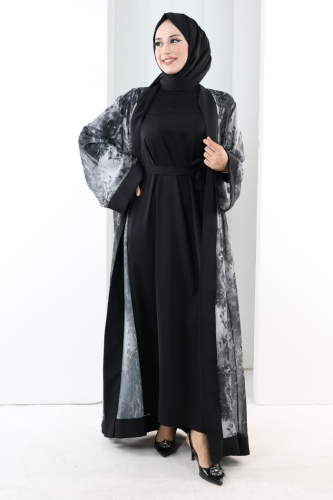 Desenli Abaya Elbise Üçlü Takım 7087 Siyah - 2