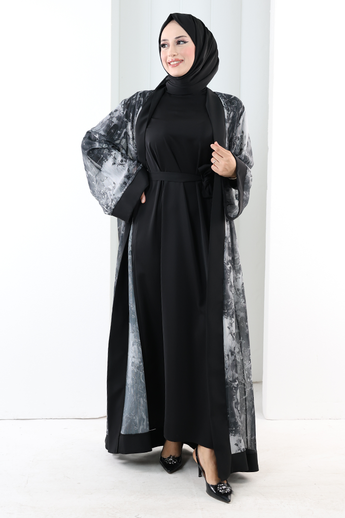 Desenli Abaya Elbise Üçlü Takım 7087 Siyah - 2