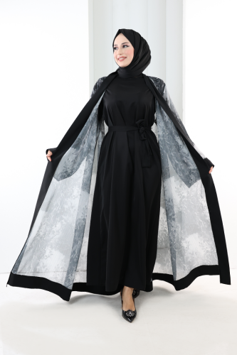 Desenli Abaya Elbise Üçlü Takım 7087 Siyah - 3