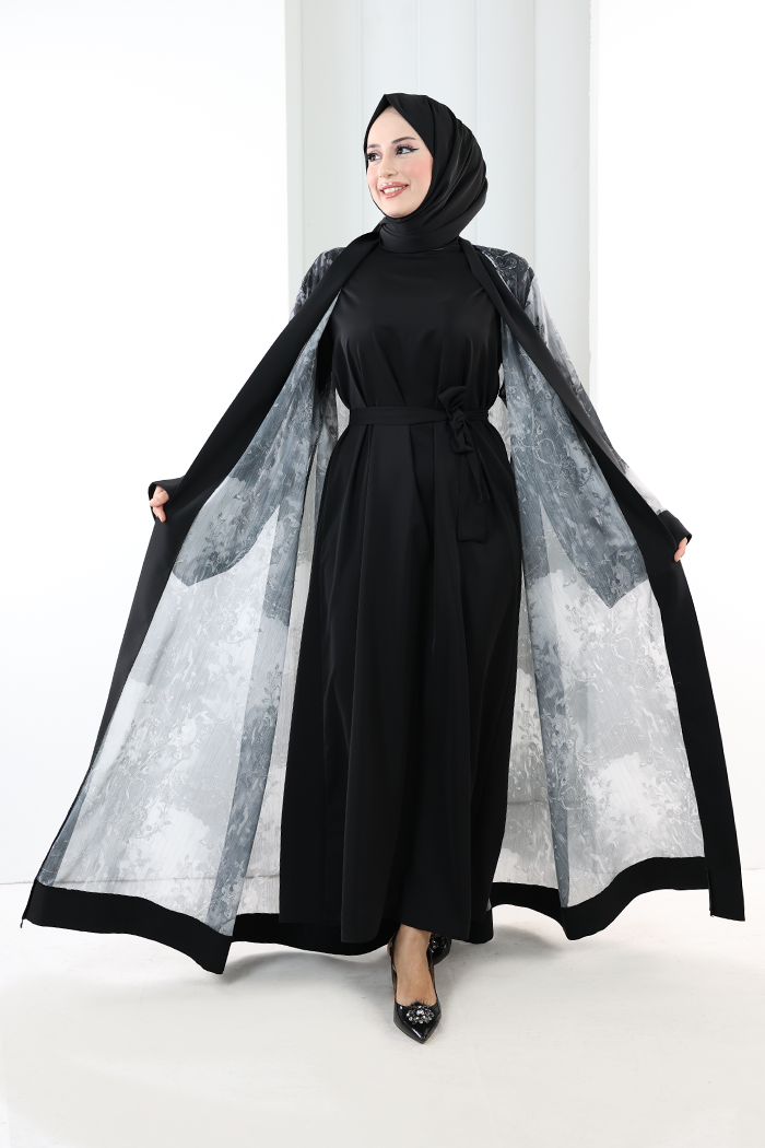 Desenli Abaya Elbise Üçlü Takım 7087 Siyah - 3