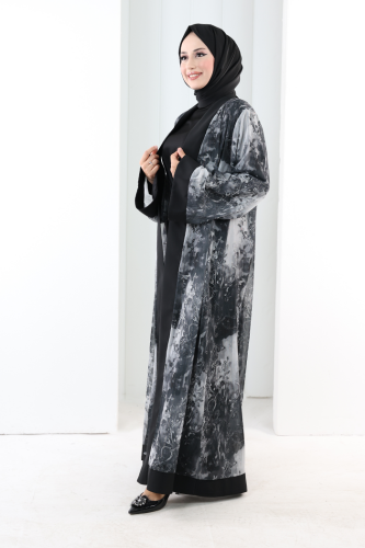 Desenli Abaya Elbise Üçlü Takım 7087 Siyah - 4
