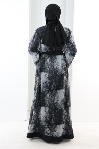 Desenli Abaya Elbise Üçlü Takım 7087 Siyah - 5