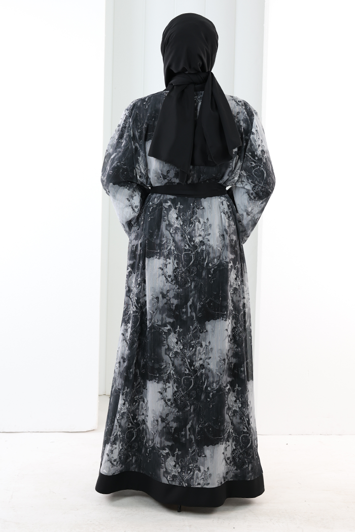Desenli Abaya Elbise Üçlü Takım 7087 Siyah - 5