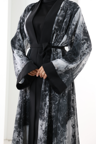 Desenli Abaya Elbise Üçlü Takım 7087 Siyah - 7