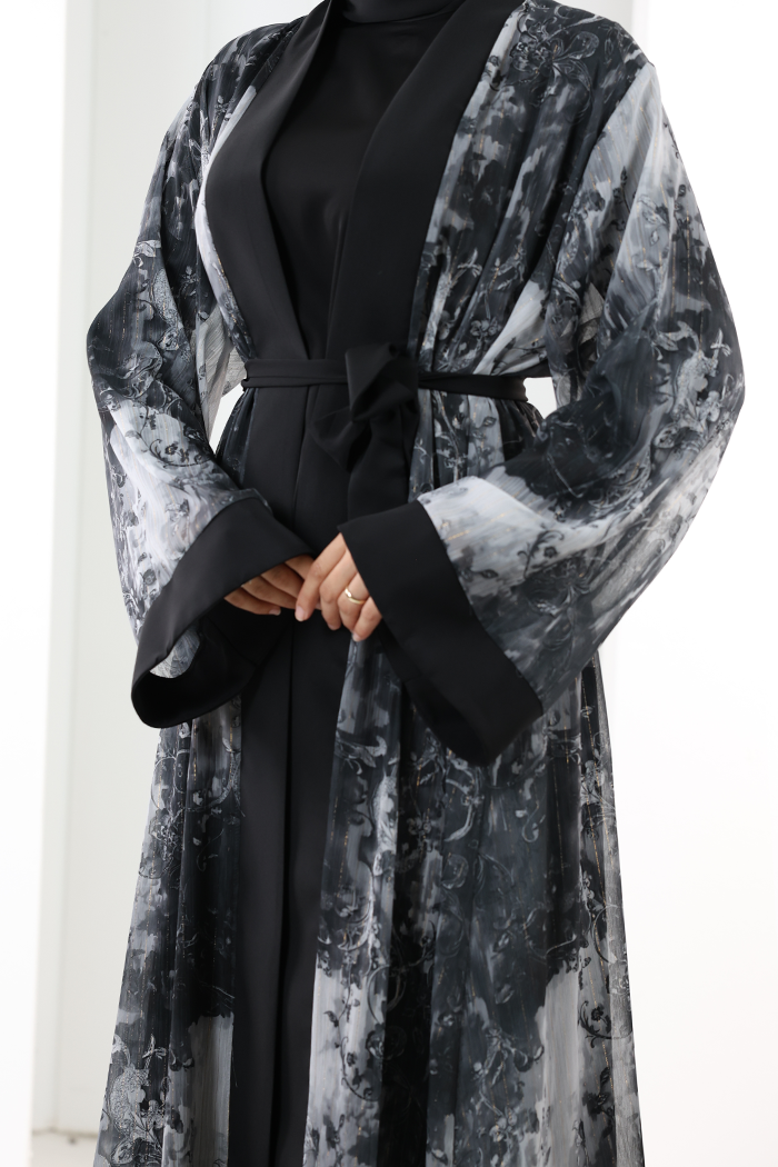 Desenli Abaya Elbise Üçlü Takım 7087 Siyah - 7