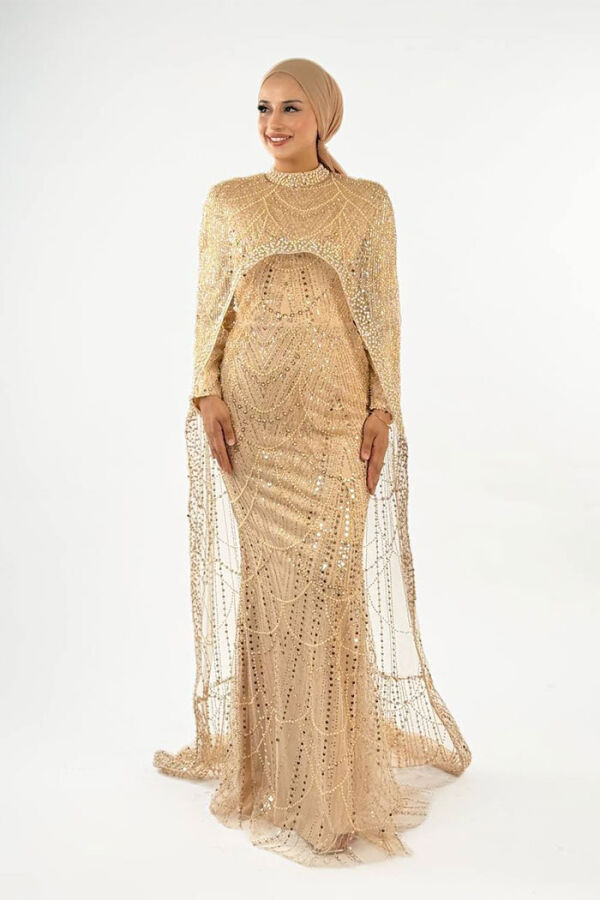 Pelerinli Taşlı Abiye 7095-K Gold - 1