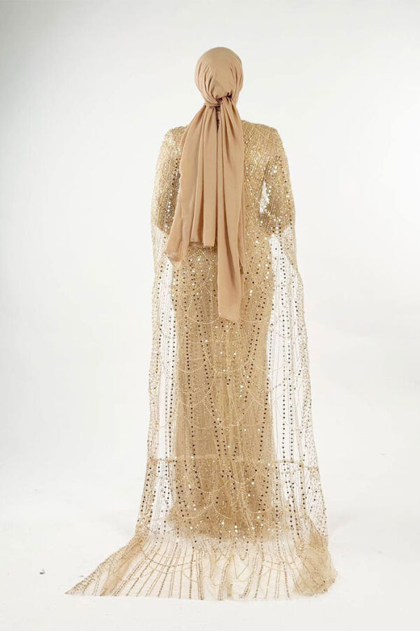 Pelerinli Taşlı Abiye 7095-K Gold - 2
